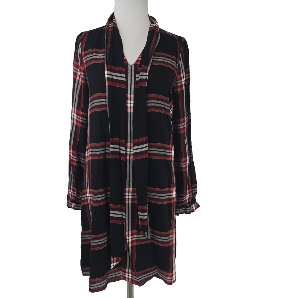 CeCe Size 4 Black Plaid Rayon Crinkle Long Sleeve Lined Tie Front Dress